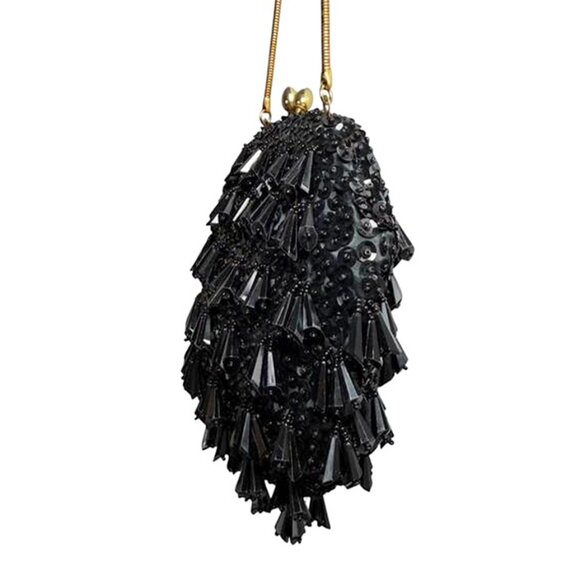 VINTAGE Black Shimmer Facetted Dangle Bead & Sequin 1920s Style Evening Bag - Picture 4 of 8